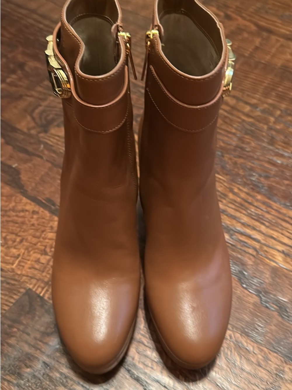 Michael Kors Brown Leather Platform Ankle Booties with Gold MK Accent - Picture 2 of 4